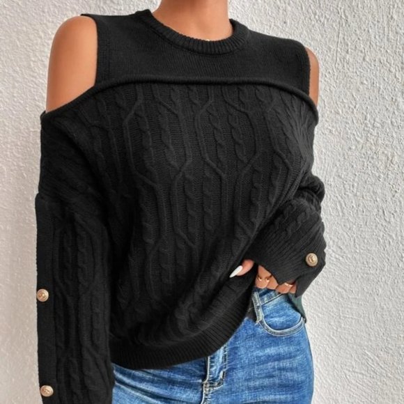 BLACK Button Detail Cold Shoulder Knit Sweater Top - Picture 4 of 6